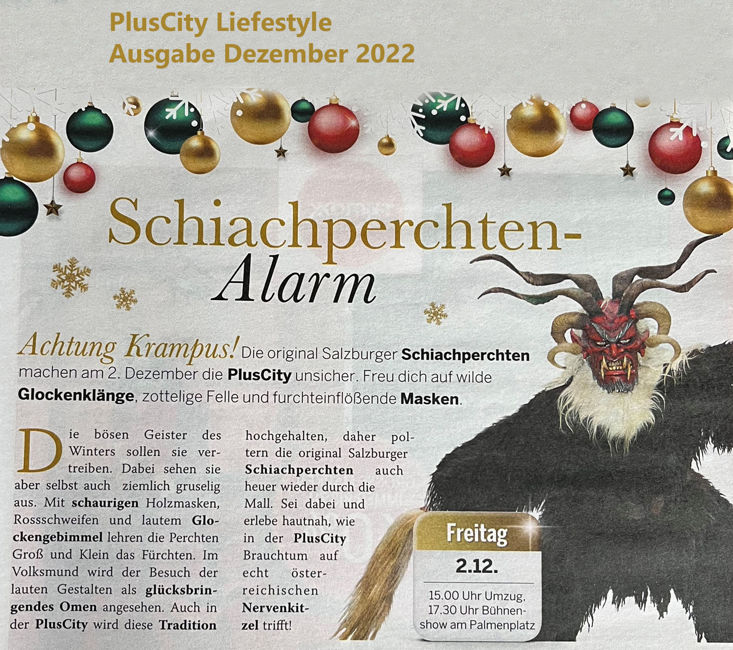 Bericht in der Hauszeitung der PlusCity zum Krampuslauf | Salzburger Schiachpercht'n und Krampusse